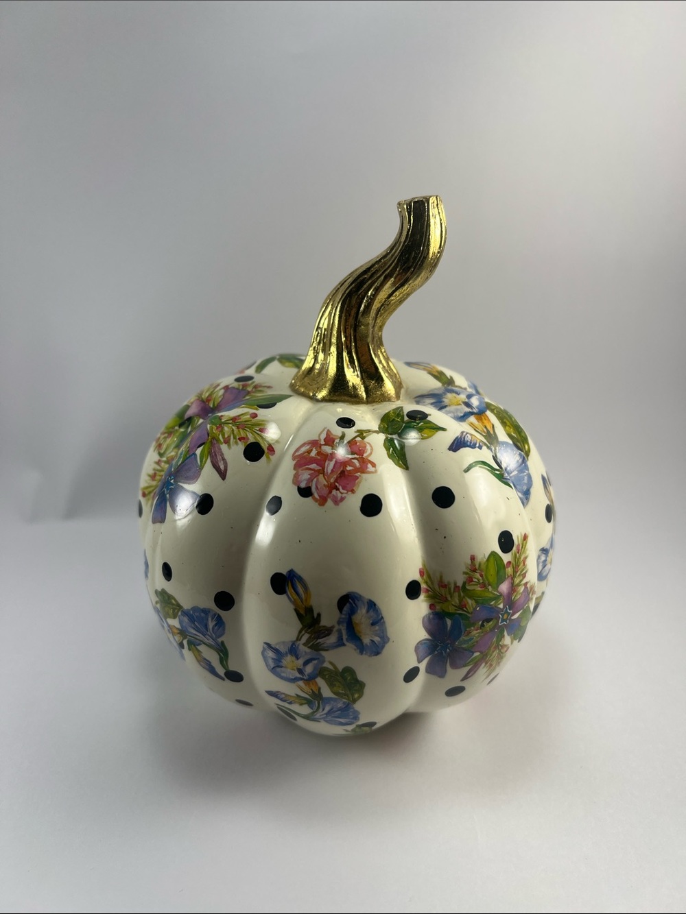 Decorative Floral Ceramic Pumpkin with Gold Stem - Cream